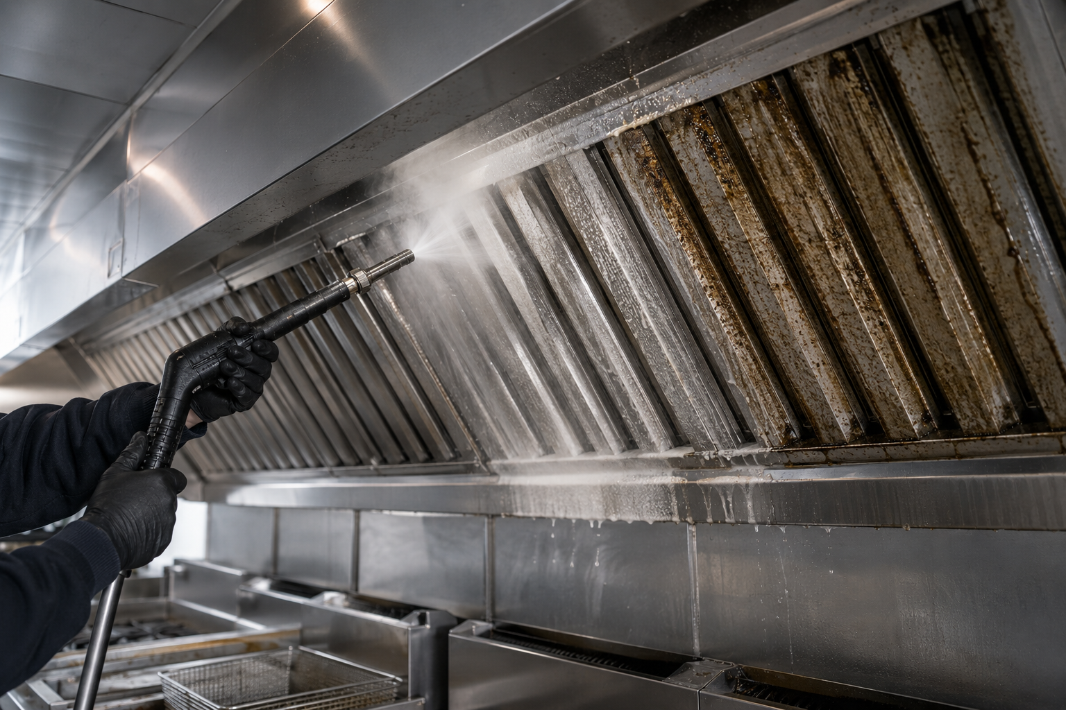Technician deep-cleaning inside a commercial kitchen extractor duct