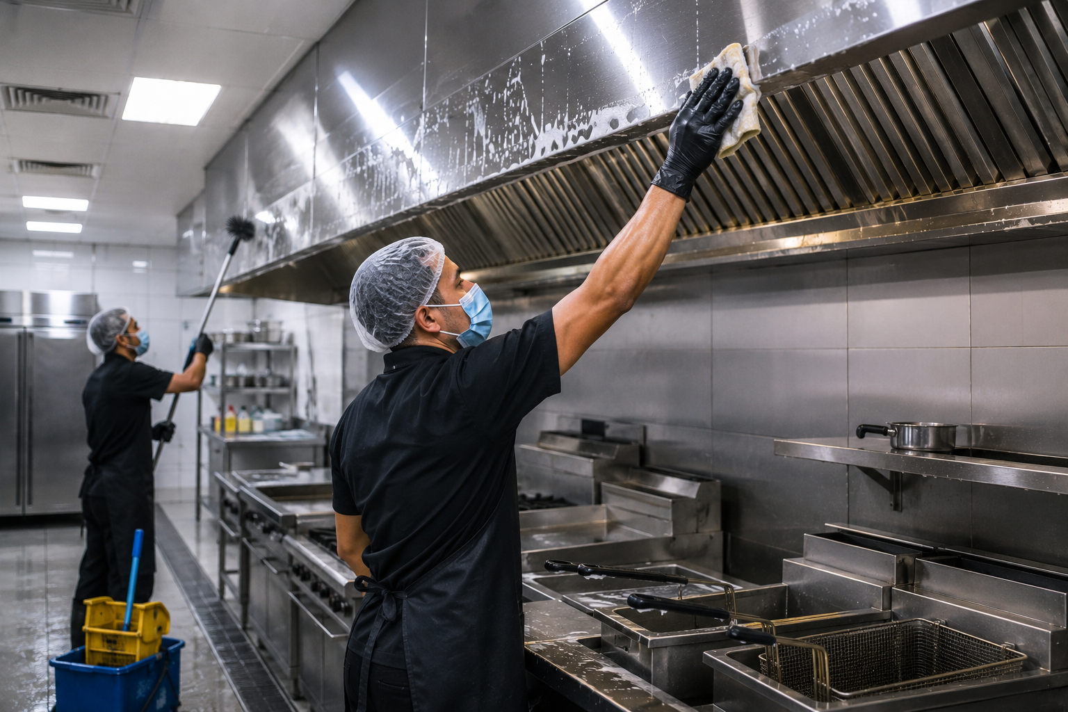 Gleaming clean stainless steel kitchen canopy after professional cleaning