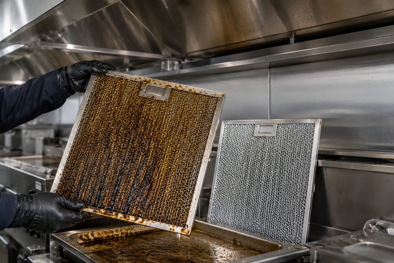 Commercial kitchen grease filters being removed and cleaned