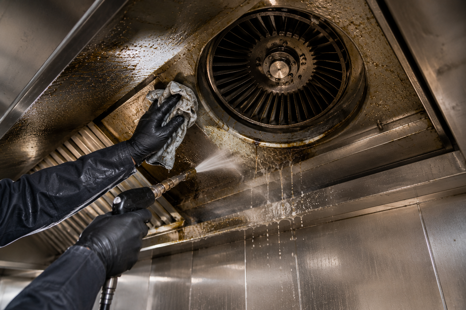 Extraction fan and hood being professionally cleaned in commercial kitchen